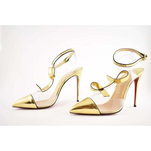 Christian Louboutin Alta Firma 100 Gold PVC T Strap Ankle Heel Sandal Pump 35 - Picture 10 of 12